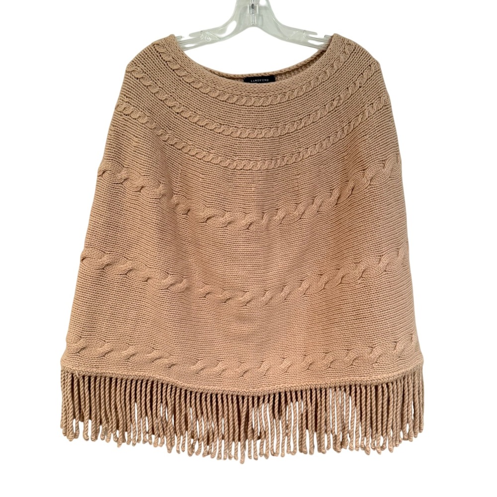 Lands' End Cable Knit Wool Poncho Women's S/M Beige Western Fringe Boho Hippie